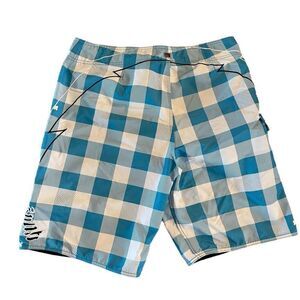 QuikSilver Mens Board Shorts Mid Length Plaid Blue Drawstring Strap Size 35